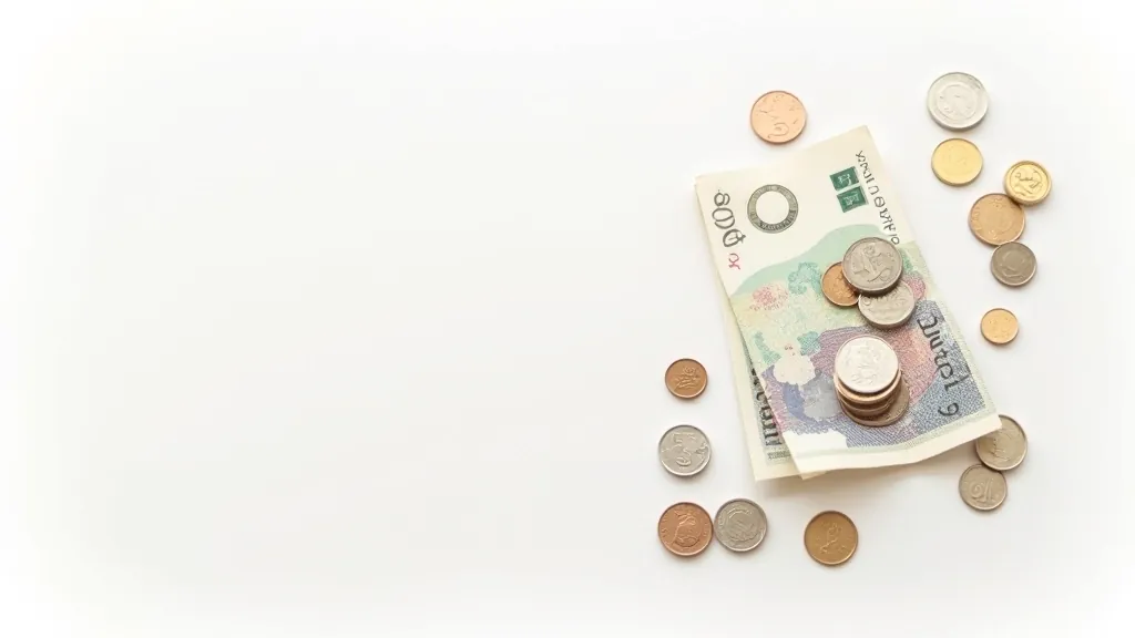 Skaidras banknotes un monētas uz mājokļa virsmas, skaidra fona apstākļos, izsmeļošs detalizējums
